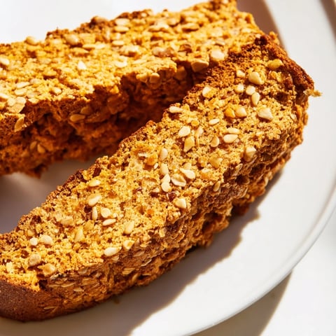 Crisp sesame pumpkin muffin biscotti drizzled with autumnal spices and crunchy nuts.  