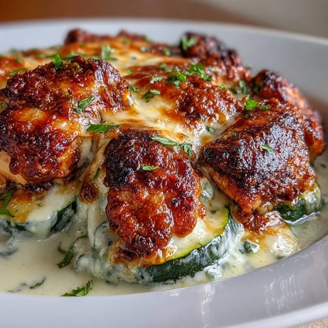 Freshly seared chicken and sliced zucchini layered with creamy Greek yogurt, topped with bubbly mozzarella and Parmesan in a golden High Protein Chicken Zucchini Bake.