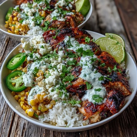 Juicy lime-marinated chicken thighs and charred corn top fluffy rice in a vibrant Street Corn Chicken and Rice Bowls garnished with cotija and crema.