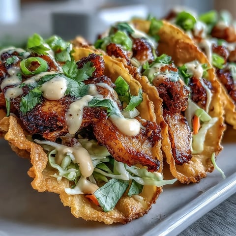 Golden brown, crispy wonton shells hold ginger-marinated chicken, tangy slaw, and a drizzle of creamy sriracha mayo for these Crispy Chicken Wonton Tacos.