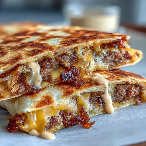 Cheesy Griddled Smashburger Quesadillas on a plate, filled with golden brown beef, sharp cheddar, and melted American cheese.