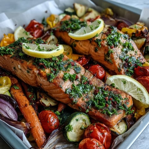Golden-brown roasted salmon fillets and colorful vegetables, including carrots and bell peppers, sizzle on a parchment-lined sheet pan for a healthy one-pan dinner.