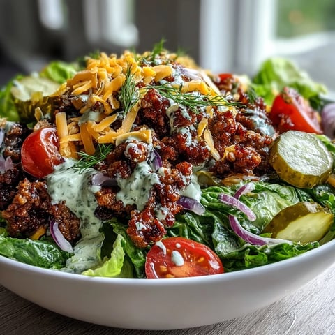 A close-up of High-Protein Cheeseburger Bowls with seasoned ground beef, melted cheddar, pickles, and tomatoes on crisp lettuce.