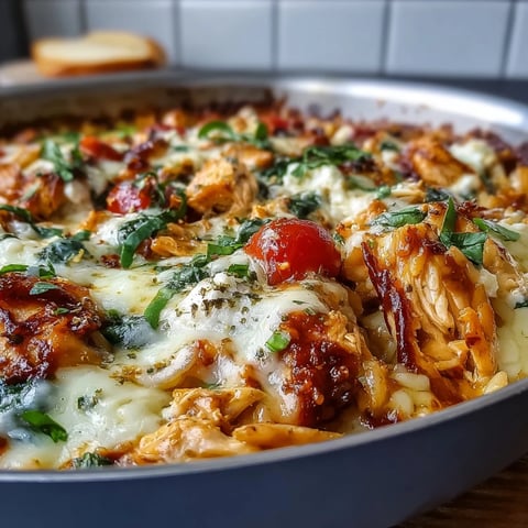 Creamy One-Pan Creamy Chicken Lasagna Orzo with tender chicken, spinach, and melting mozzarella, ready for a family dinner.