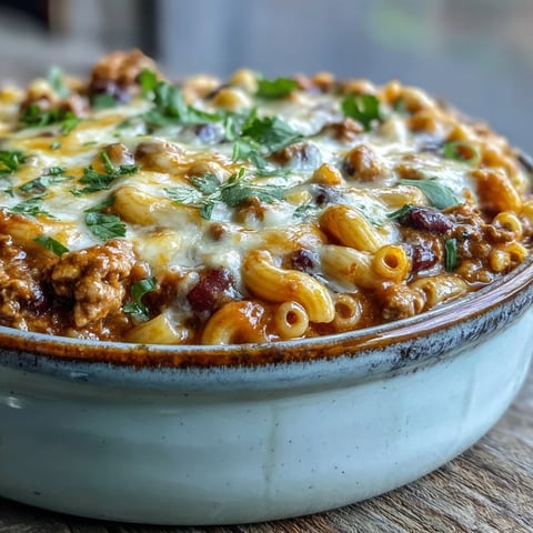 Golden, bubbly cheddar tops a baking dish of Baked Ranch Turkey Chili Mac, with a spoonful scooped out. 