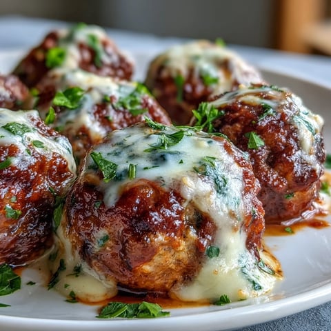 Freshly baked Baked Spicy Chicken Parm Meatballs resting in a ceramic dish, generously covered in red marinara sauce and bubbling mozzarella.