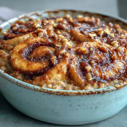 Freshly baked Cinnamon Swirl Protein Banana Baked Oats, served warm from the ramekin and topped with sliced bananas and a dollop of Greek yogurt for a protein-packed breakfast.