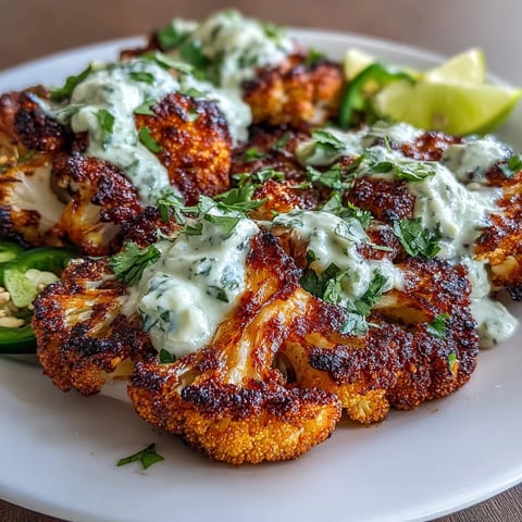 Roasted Keto Chili Lime Cauliflower Steaks with creamy avocado crema, fresh cilantro, and lime wedges on a rustic plate.