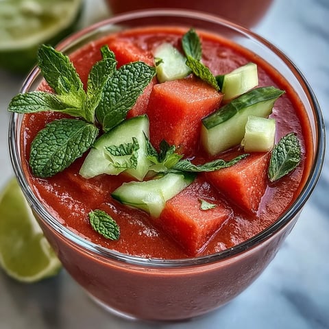 Chilled Vegan Watermelon Mint Gazpacho garnished with diced cucumber and fresh mint in a white bowl.