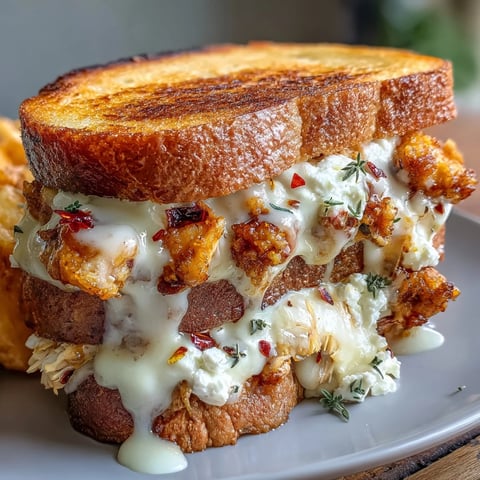 Golden, crispy sourdough slices sandwich creamy goat cheese and shredded chicken drizzled with hot honey.