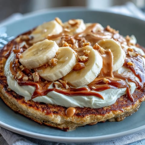 Freshly baked High-Protein Breakfast Pizza Bowl with golden pancake base and creamy Greek yogurt frosting.