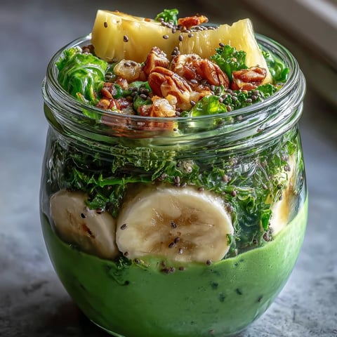Vibrant green smoothie meal prep jars layered with fresh pineapple, spinach, banana, and chia seeds—ready to blend and enjoy.  