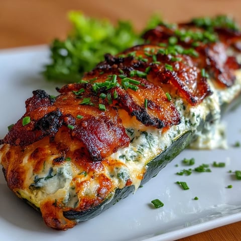 Keto bacon-wrapped zucchini boats with cheesy herb filling, golden and bubbling, perfect for a low-carb dinner.  