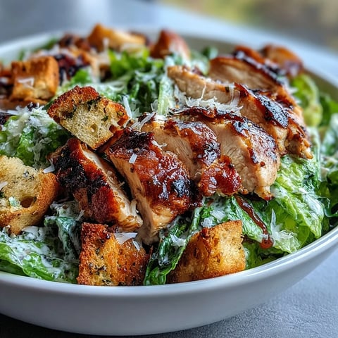Grilled chicken Caesar salad with Greek yogurt dressing and sourdough croutons, topped with shaved Parmesan.