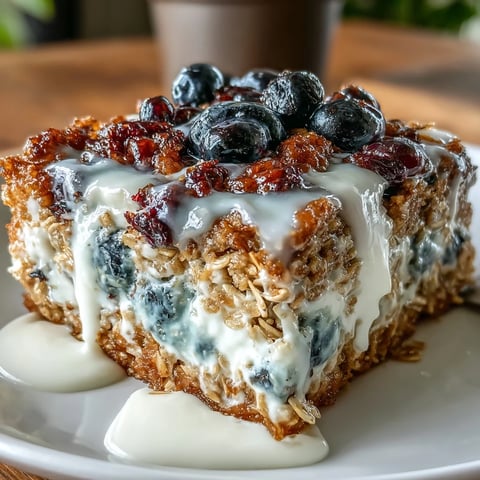 Wholesome blueberry oatmeal bake with creamy Greek yogurt swirl, baked golden and dotted with juicy berries for a nutritious breakfast treat.