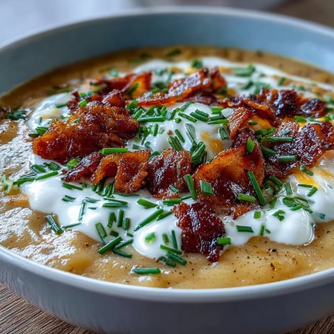 Creamy baked potato soup with tender russet potatoes, crispy bacon, and melted cheddar in a rich, velvety broth.