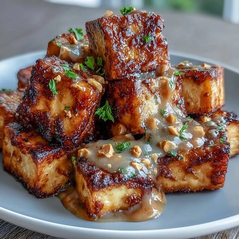 Crispy golden tofu cubes air-fried and drizzled with creamy peanut sauce for a healthy vegan meal.  