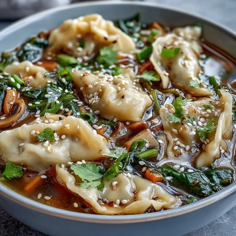 A steaming bowl of Asian dumpling soup with tender dumplings, fresh bok choy, and fragrant ginger in a savory broth.  