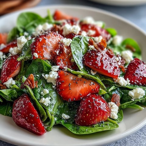 Fresh spinach strawberry salad with poppy seed dressing, topped with feta and toasted almonds for a vibrant spring meal.  
