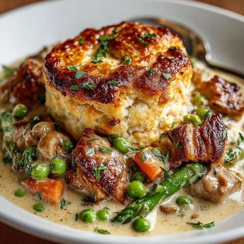 Creamy Spring Skillet Chicken Pot Pie: Rustic, pan-baked comfort food ready to be devoured.