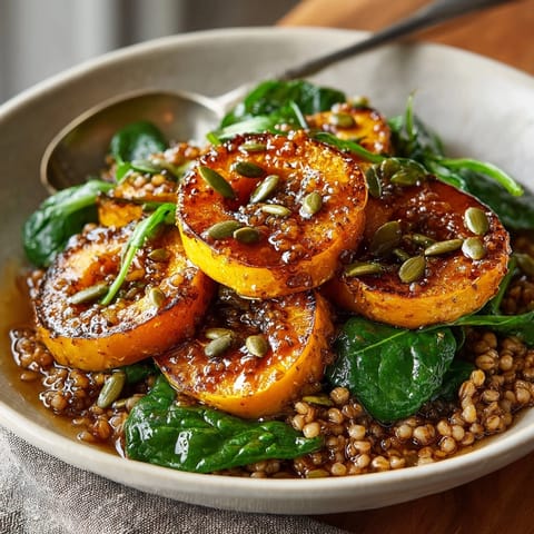 Miso-glazed one-pan squash and barley bowl: earthy, roasted veggies and perfectly cooked barley.