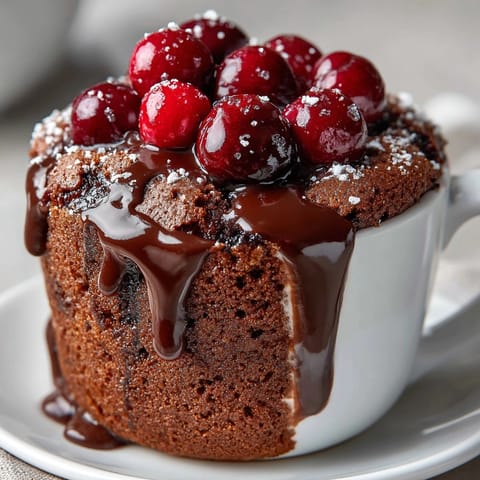Easy Cherry Cola Mug Cakes recipe: A sweet, single-serving delight, steaming from the microwave.