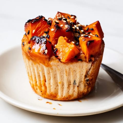 Fluffy Japanese Teriyaki Sweet Potato Muffins topped with roasted veggies, ideal snack for tea.  