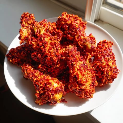 Golden-brown Flamin’ Hot Pretzel Crusted Wings served with creamy ranch dressing for dipping.  