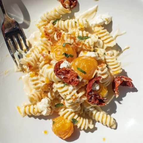 Delicious baked feta pasta with sun-dried tomatoes for a flavorful dinner.  
