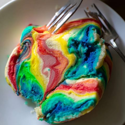 Delightful cloud bread reveals a colorful rainbow, ideal for fun breakfast treats.  