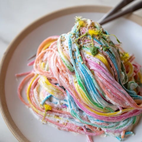 Whimsical Neon Noodle Cloud recipe in creamy sauce, perfect for festive gatherings.  