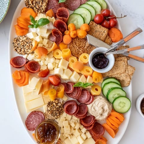 Close-up of a fun Girl Dinner Platter, filled with cheese, veggies, and snacks.  