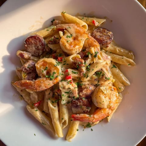 Spicy Cajun Sausage & Shrimp Alfredo Pasta, featuring tender shrimp, in a rich, creamy Alfredo sauce.
