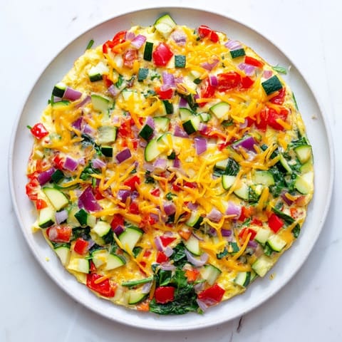 Baked Egg & Veggie Sheet Pan Scramble featuring colorful bell peppers, tomatoes, and cheesy topping.