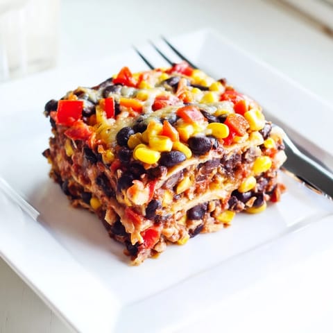 A delicious, cheesy Quick Black Bean and Corn Tortilla Casserole ready to be scooped and enjoyed.