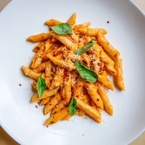 Indulge in this image of 15-Minute Creamy Red Pepper Pasta topped with fresh basil and Parmesan cheese.