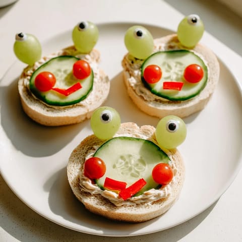 Delightful Prince Charming Froggy Sandwich Cutouts, featuring green grape eyes and cheerful tomato cheeks.