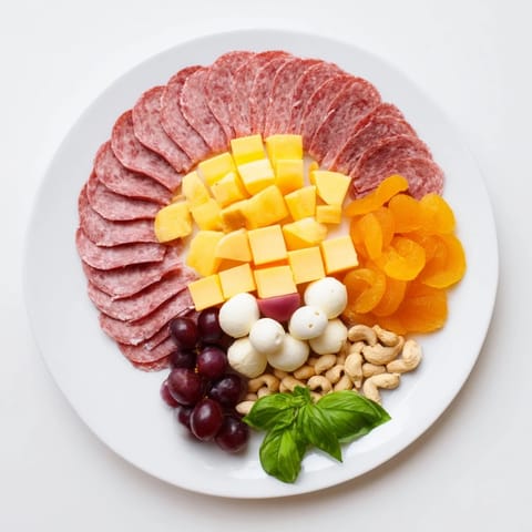 Lion King savory meat and cheese platter with salami, cheddar, and colorful mango slices ready to eat.