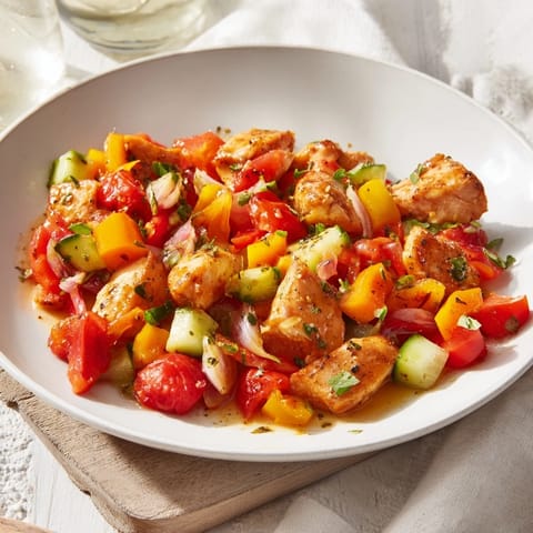 Freshly tossed Cucumber and Chicken Clean Shaker, showcasing bright colors and a zesty vinegar dressing.