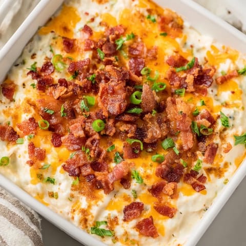 Golden, baked Cheesy Bacon Ranch Dip boasting a rich, creamy texture and irresistible bacon flavor for your party.