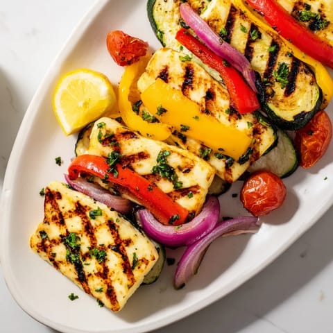 Vibrant Mediterranean Grilled Halloumi Cheese Steak platter with juicy cherry tomatoes, lemon wedges, and balsamic-dressed vegetables, ready for serving.