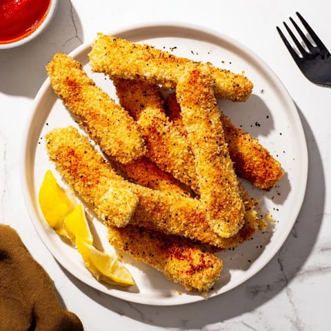 A close-up view of Crispy Panko Halloumi with crunchy panko breading and vibrant fresh lemon slices for a zesty garnish.  