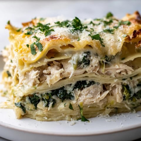 Slice of rich Chicken Alfredo Lasagna on a white plate, served with a fresh green salad for a comforting Italian-American dinner.