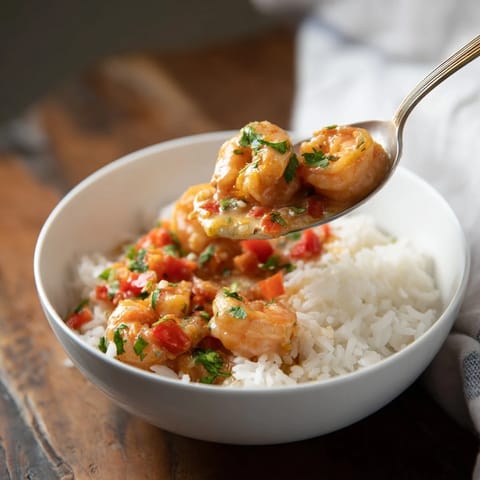 Overhead view of Creamy Cajun Shrimp Rice Bowl, saucy shrimp and bell peppers spooned over fluffy rice.