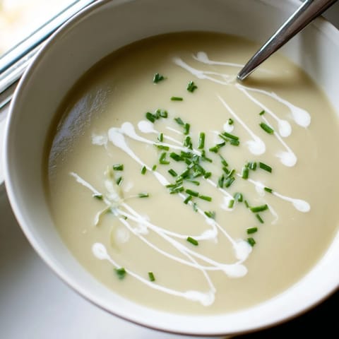 A bowl of silky celery root bisque garnished with fresh chives and a swirl of cream.