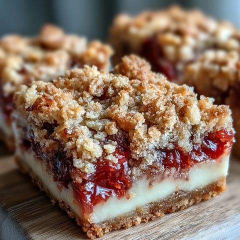 Freshly baked Rhubarb and Custard Crumble Bars cut into squares on a rustic wooden serving board.