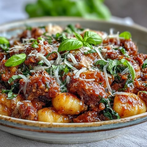 Savory Sausage Gnocchi with Kale served hot in a skillet, featuring wilted greens and spicy Italian sausage crumbles.