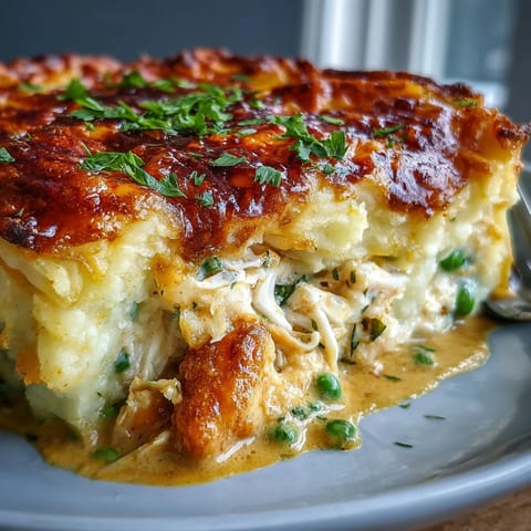 Bubbling curried fish pie just out of the oven with fluffy, forked potato peaks and warm steam rising.