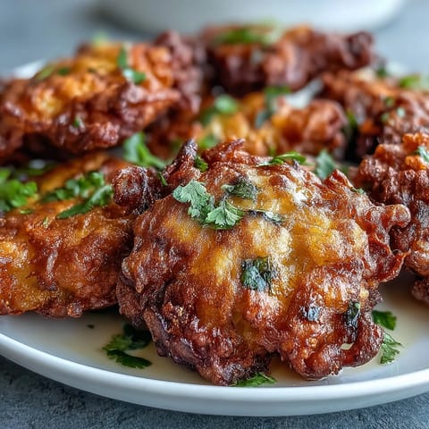 Freshly fried Cauliflower Bhajis feature a crispy chickpea flour batter and a cooling mint yogurt dip.