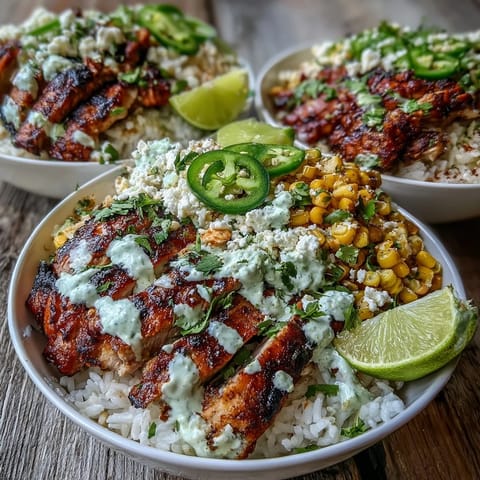 A close-up of Street Corn Chicken and Rice Bowls showing sliced grilled chicken, smoky corn, and creamy drizzle over steamed rice with cilantro.